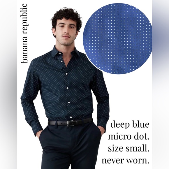 🏷️ Brand New Banana Republic Grant Slim Fit Shirt Custom 078 Navy Polka Dot | S - Picture 13 of 13